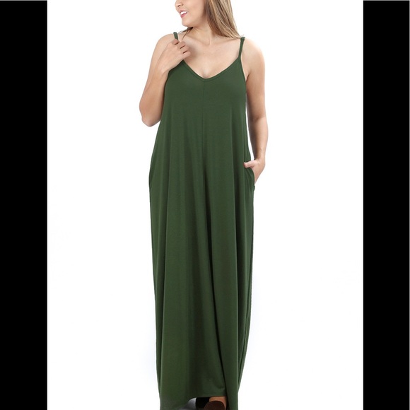 NWT Zenana Plus Size V Neck Green Maxi Dress With Pockets Various - Picture 2 of 8